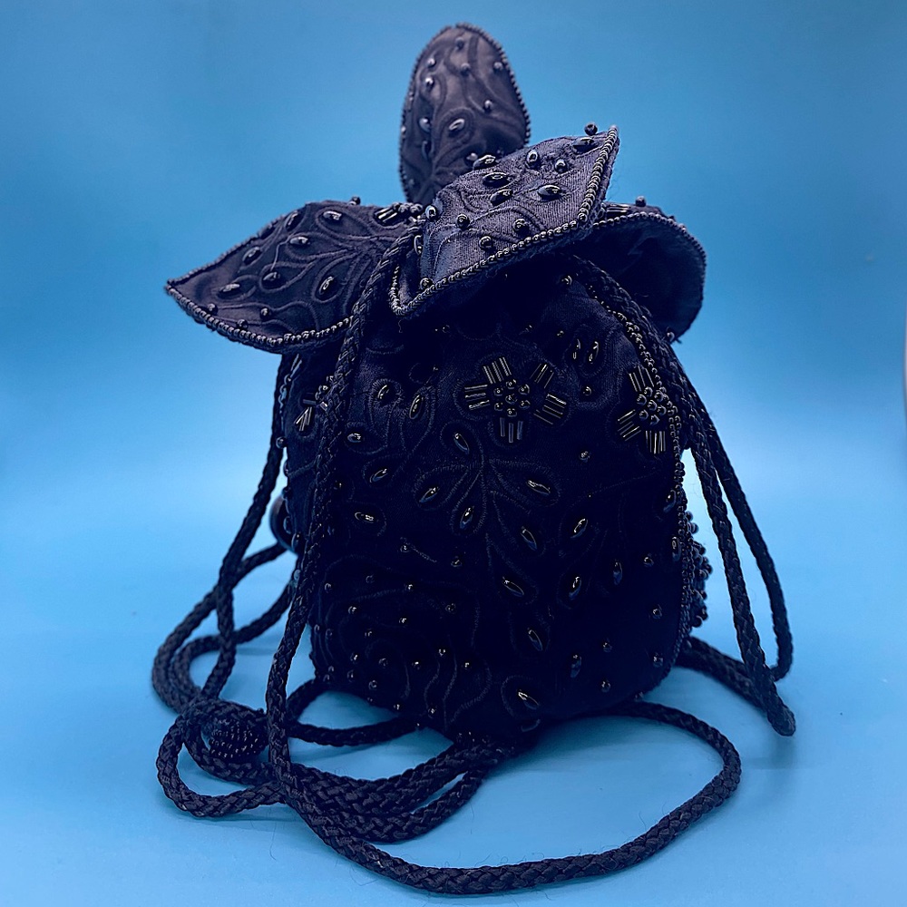 La Regale Vintage Handmade Black Beaded Pouch Purse w Petal Top & Braided Cord